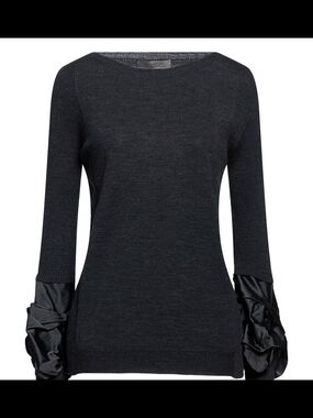 D. Exterior Charcoal Black Sweater with Ruched Satin Sleeve Detail - Size Large